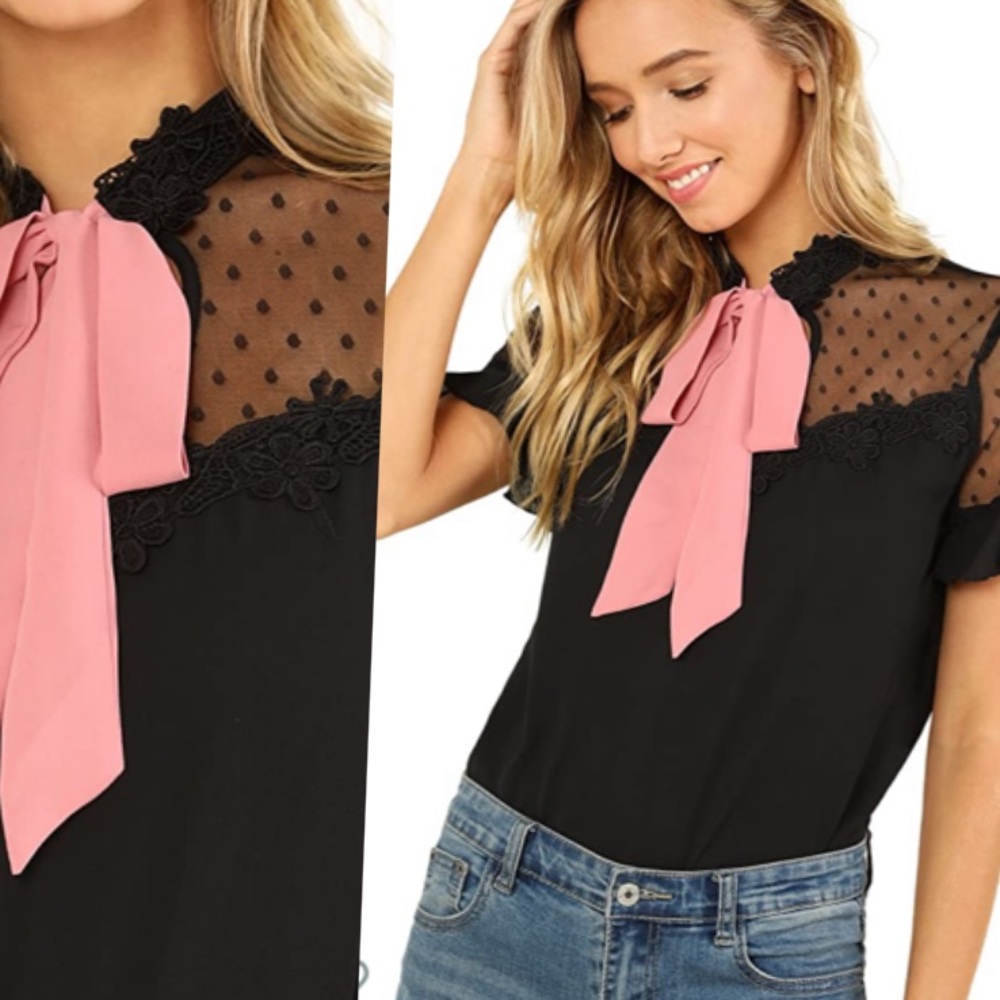 Bow Tie pink mesh top womens